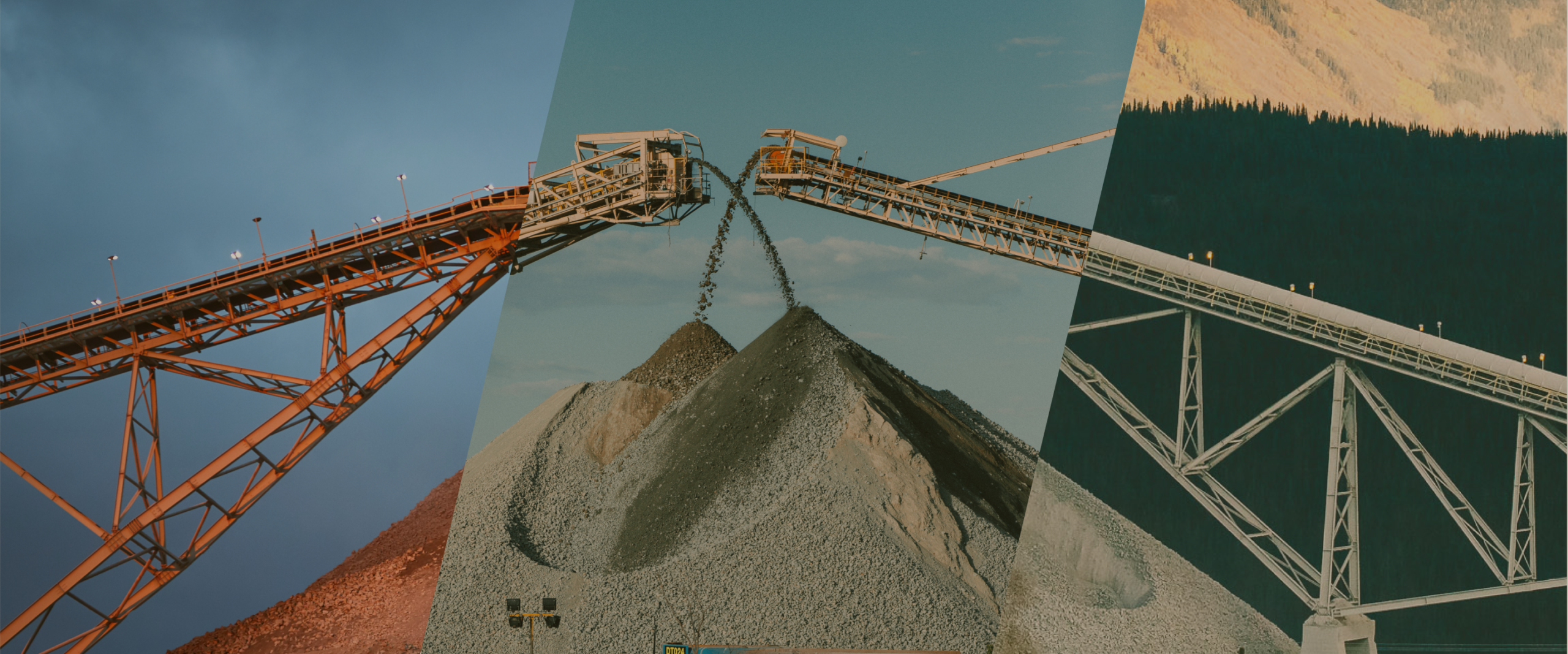 Image collage of mining conveyor belt systems depositing onto a large gravel stockpile