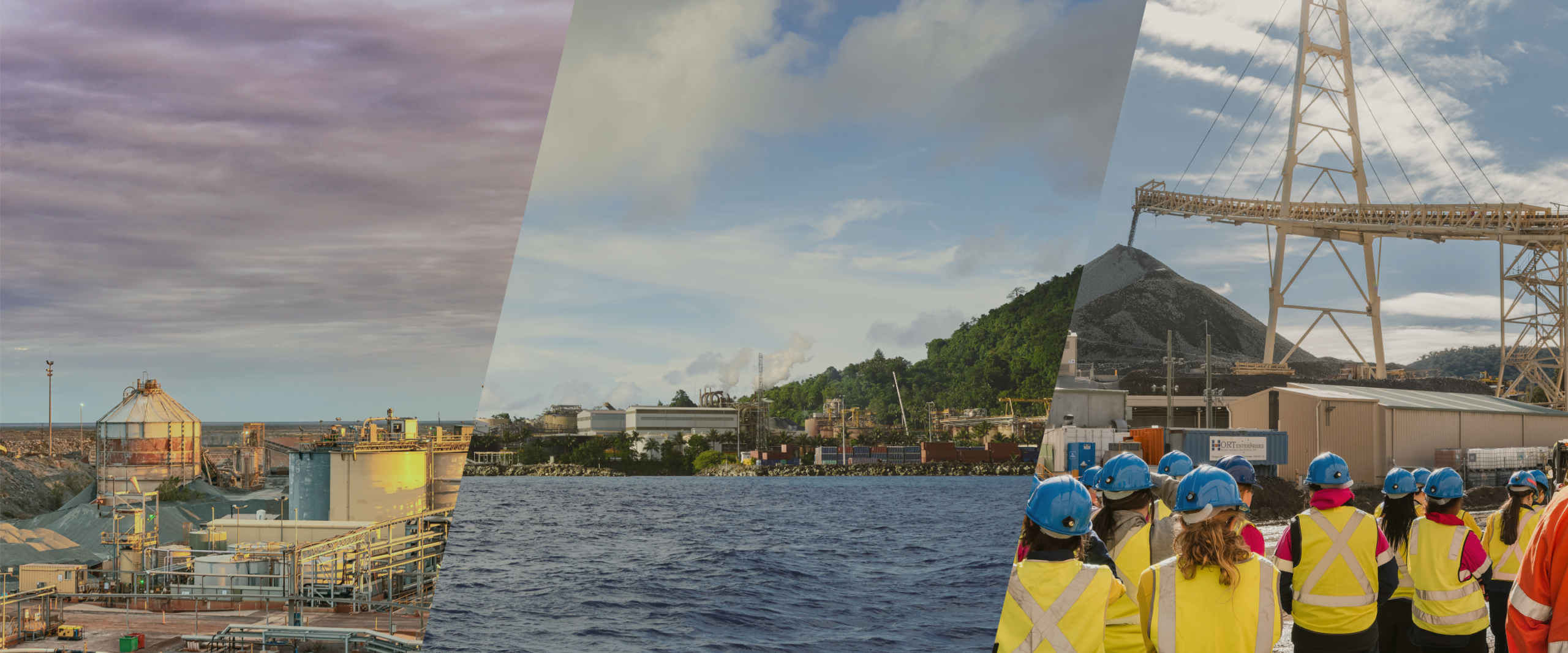 Three image collage of mining and industrial project sites with workers in safety gear